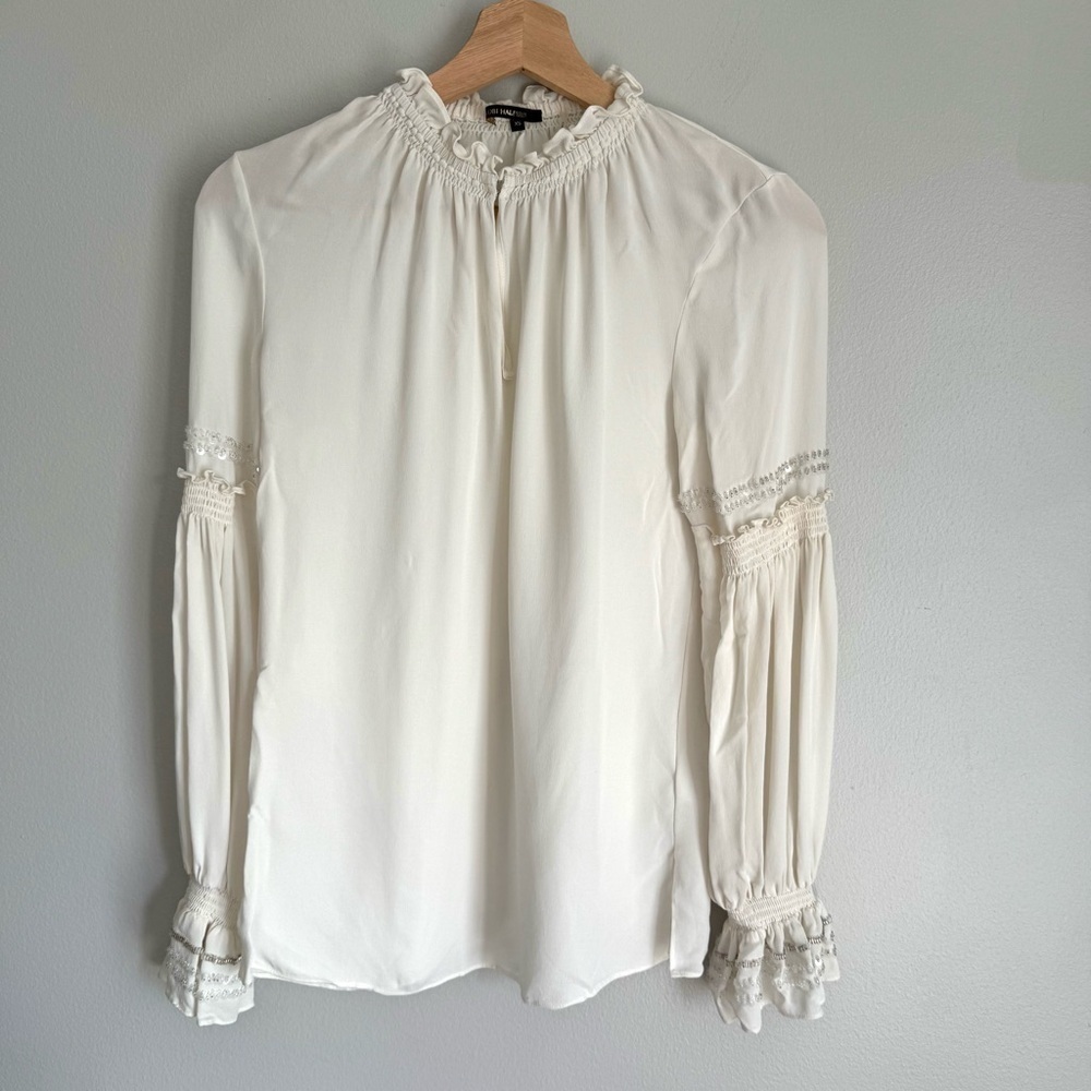 KOBI Halperin 100% silk sequin beaded long sleeve bell sleeve top white